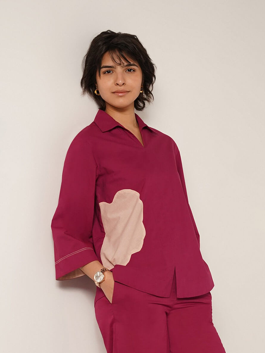 Cotton Colourblock Floral Patchwork Top - Burgundy