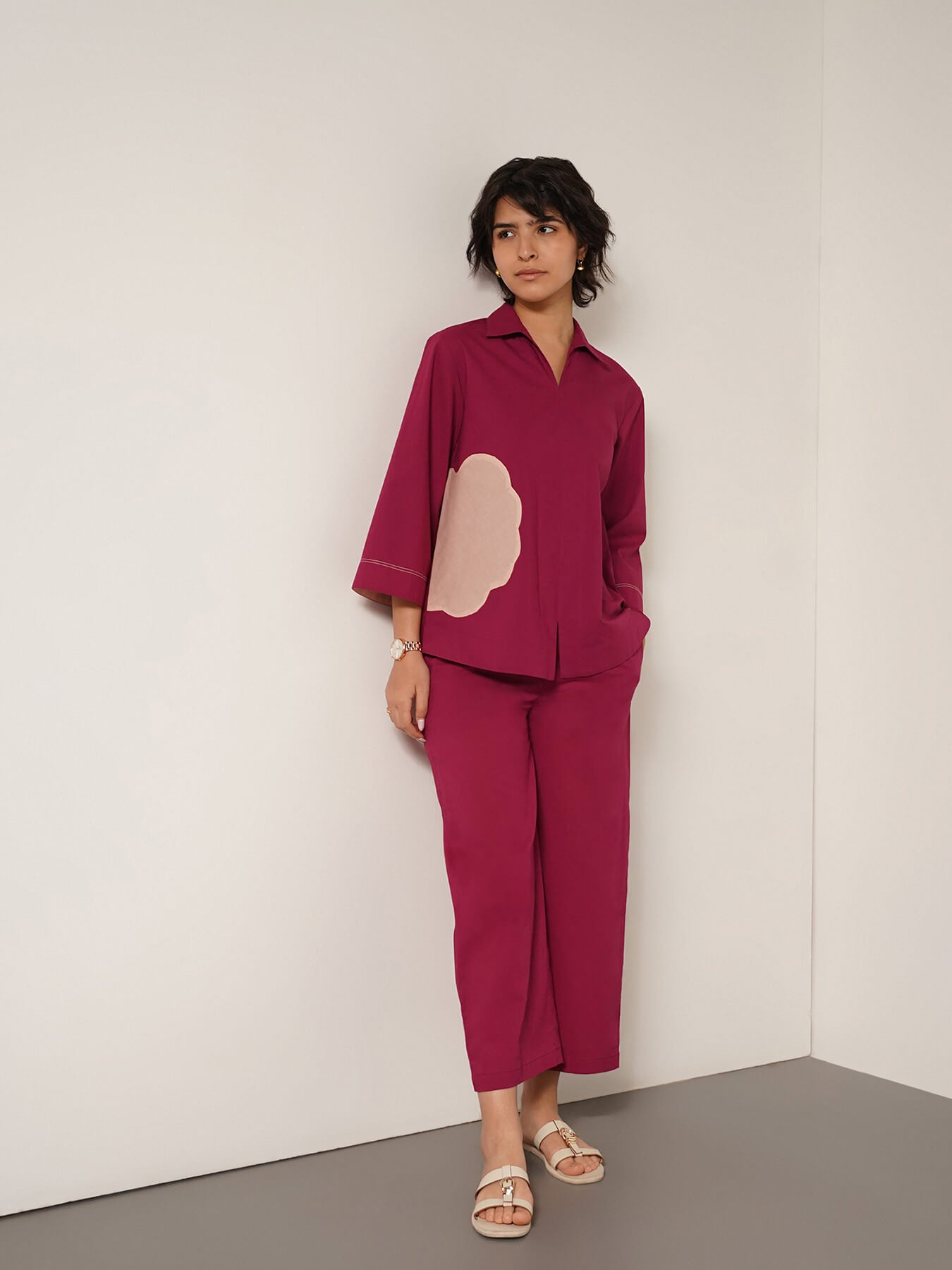 Cotton Colourblock Floral Patchwork Top - Burgundy