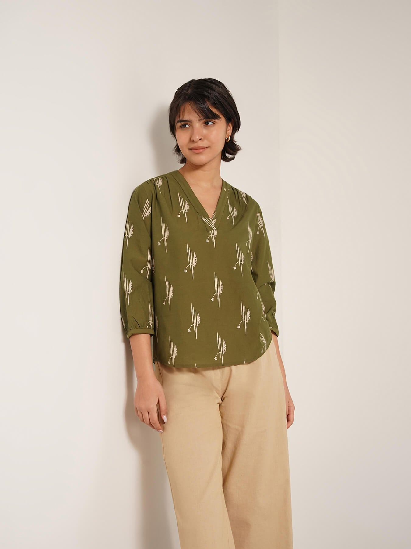 Pure Cotton Ethnic Motif Top - Olive
