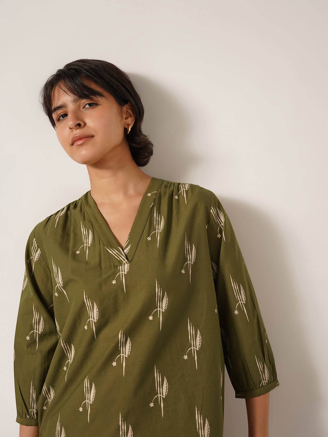 Pure Cotton Ethnic Motif Top - Olive