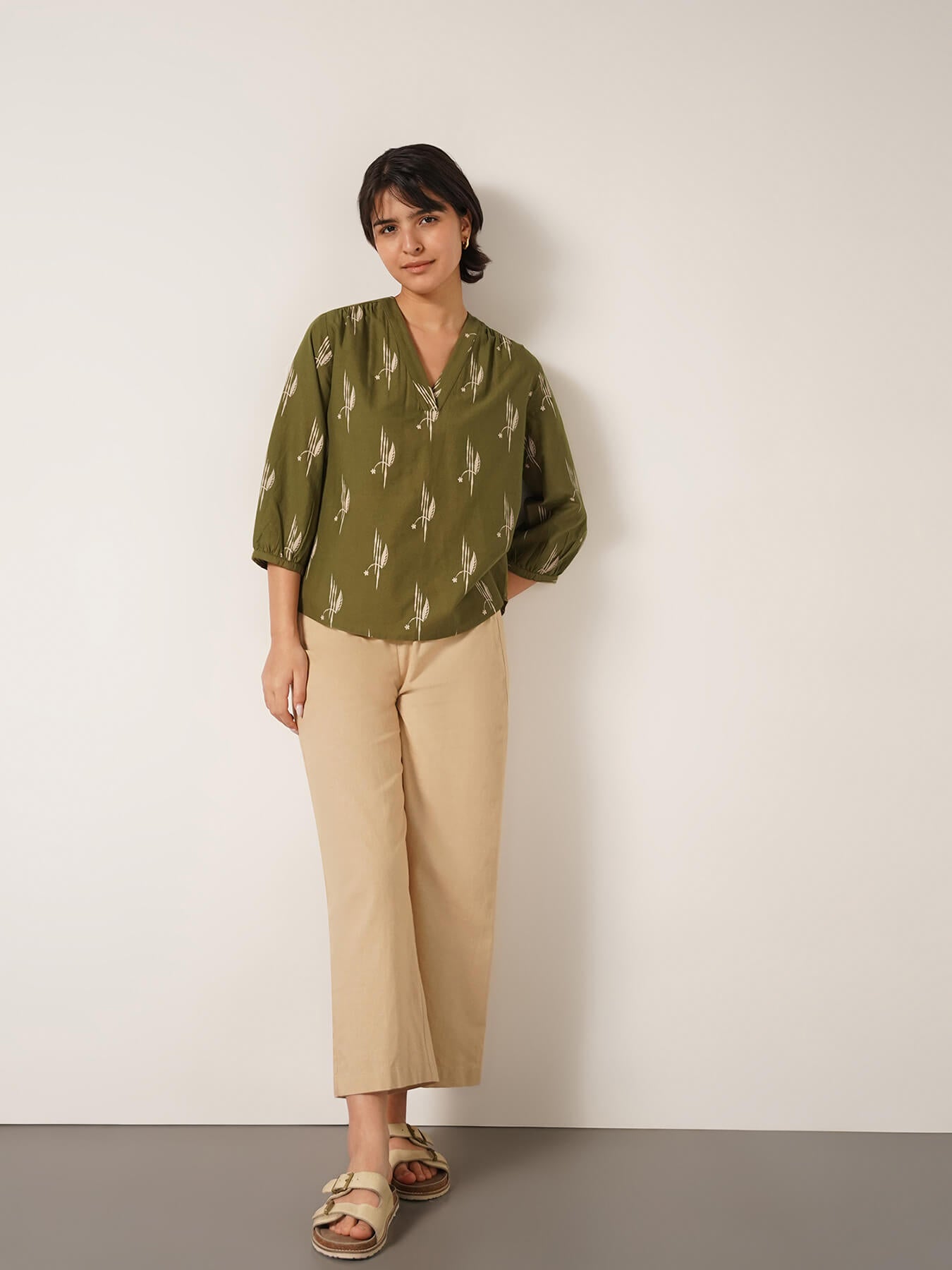 Pure Cotton Ethnic Motif Top - Olive