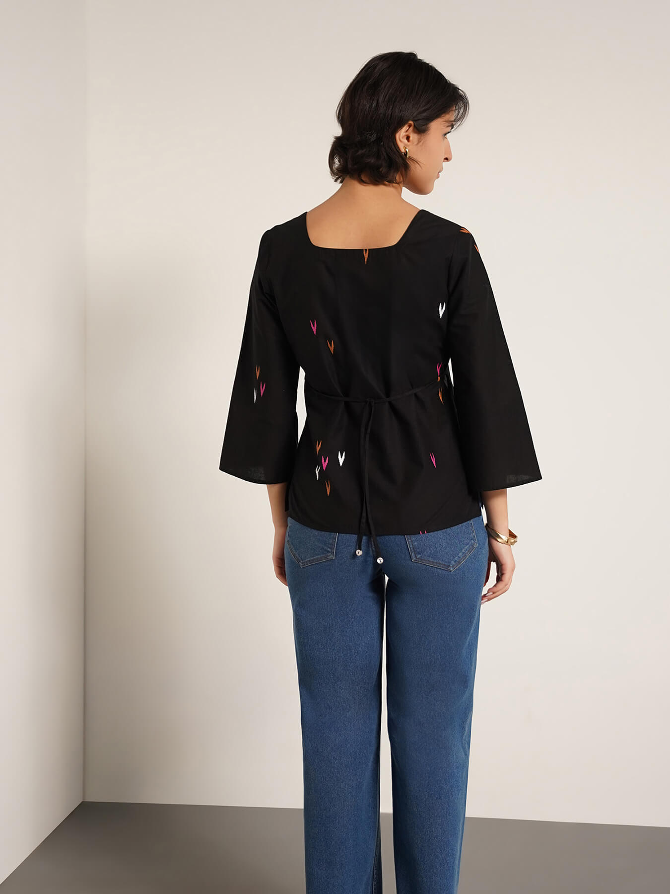 Cotton Ethnic Motif Square Neck Top - Black