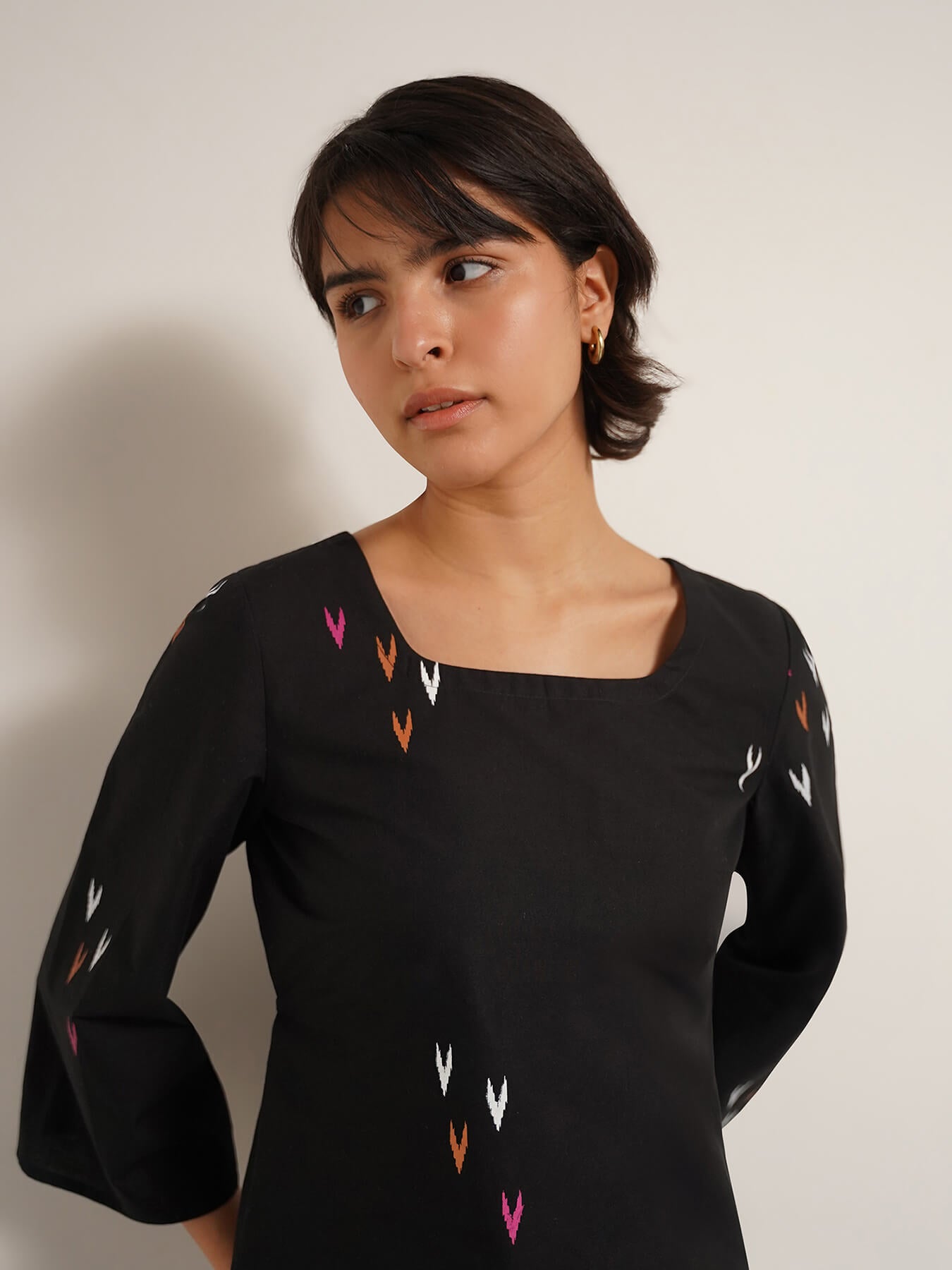 Cotton Ethnic Motif Square Neck Top - Black