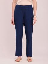 Cotton Solid Tapered Trousers - Navy Blue