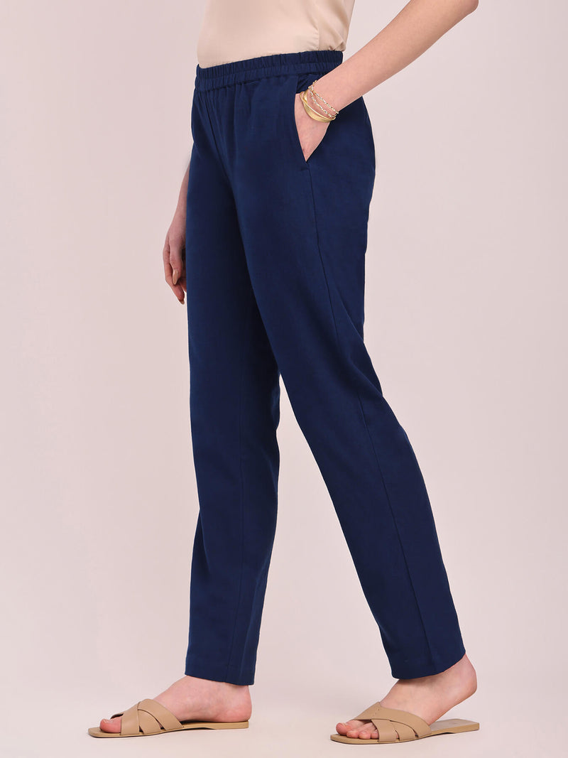 Cotton Solid Tapered Trousers - Navy Blue