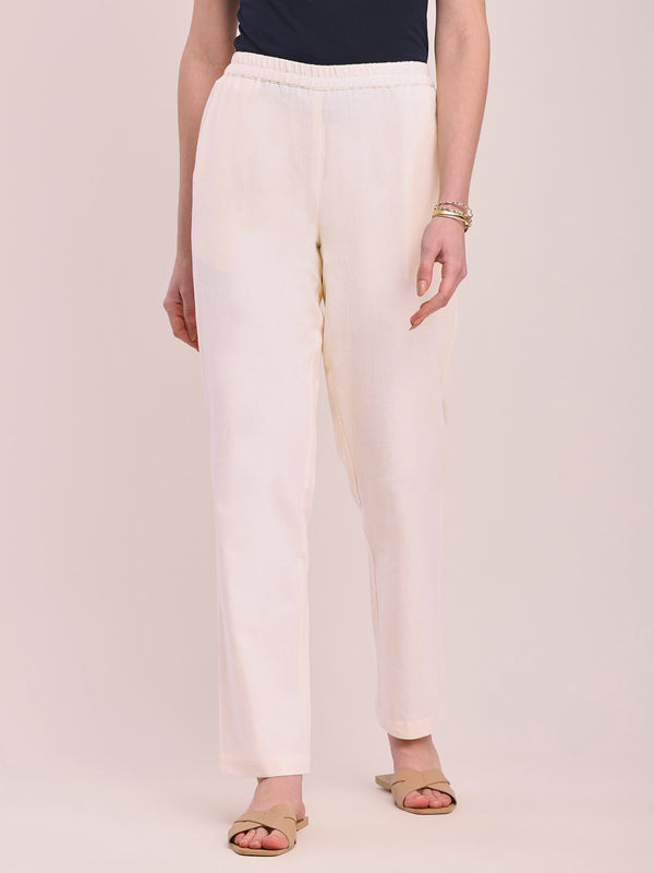 Cotton Linen Solid Tapered Trousers - Off-White