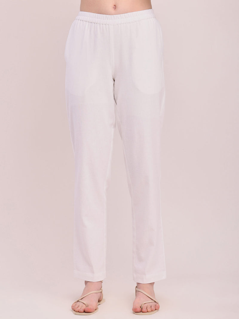 Cotton Solid Tapered Trousers - White
