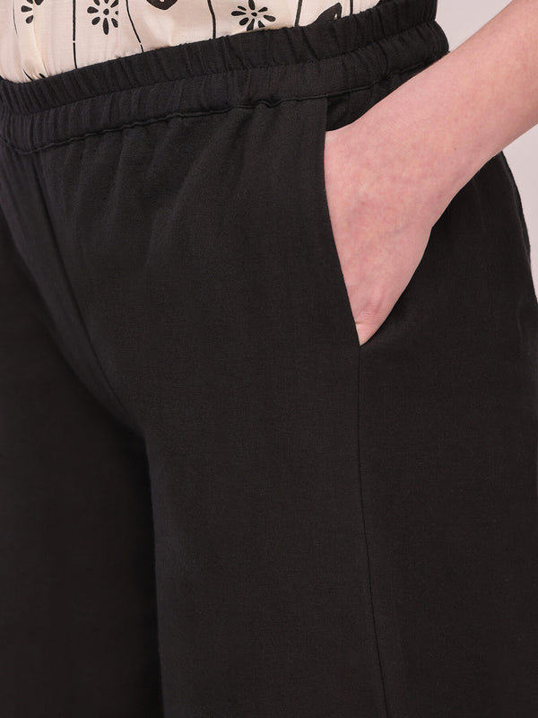 Cotton Solid Wide-Leg Trousers - Black