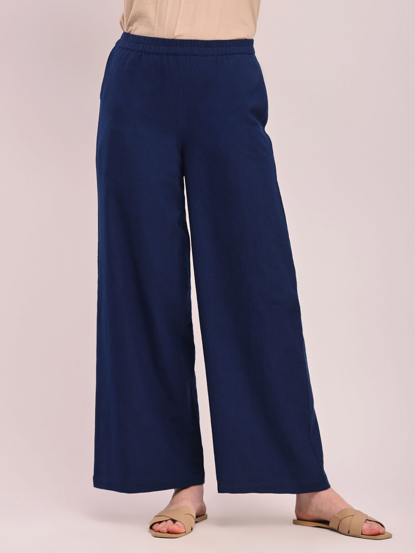 Cotton Solid Wide-Leg Trousers - Navy Blue