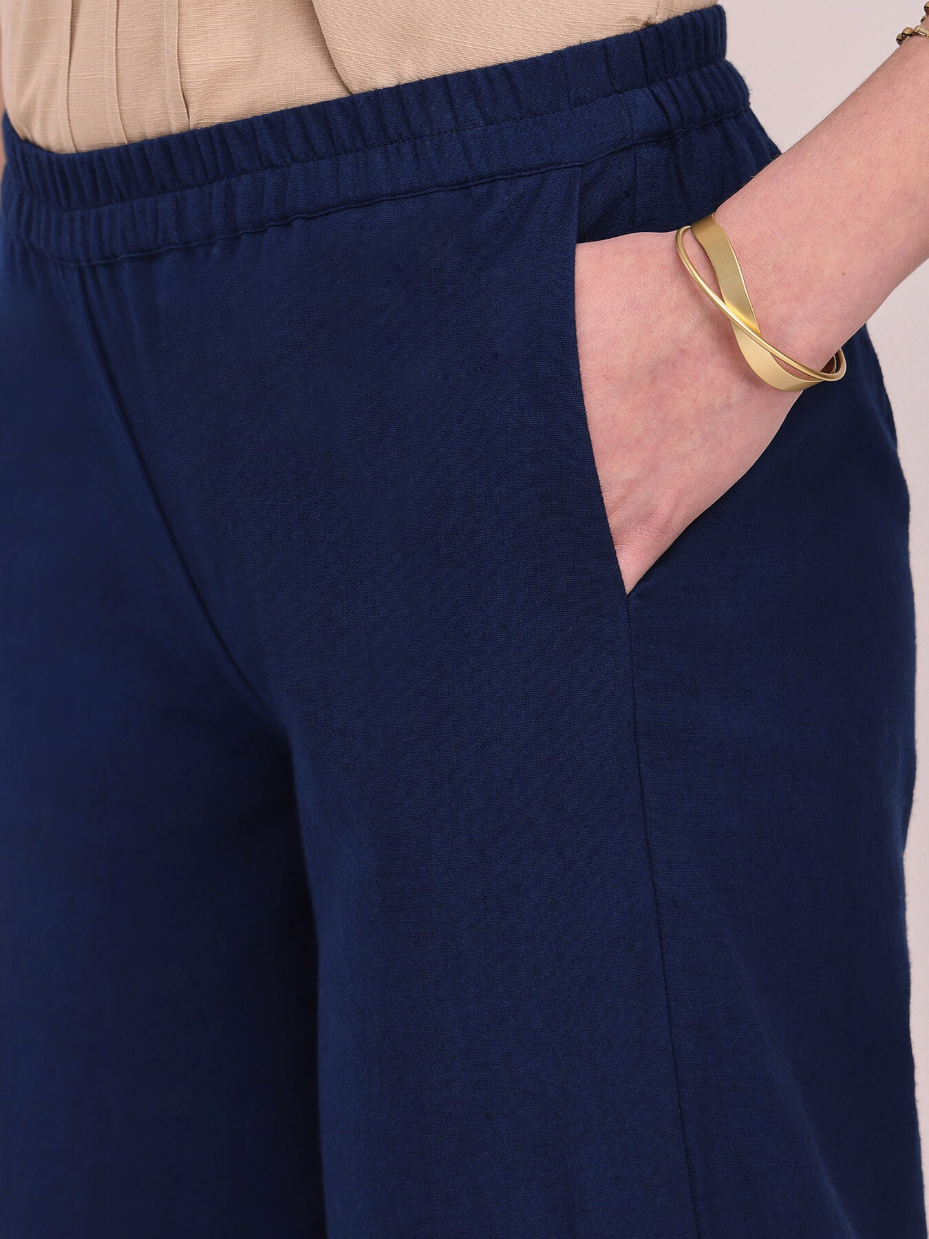 Cotton Solid Wide-Leg Trousers - Navy Blue