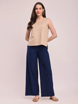 Cotton Solid Wide-Leg Trousers - Navy Blue