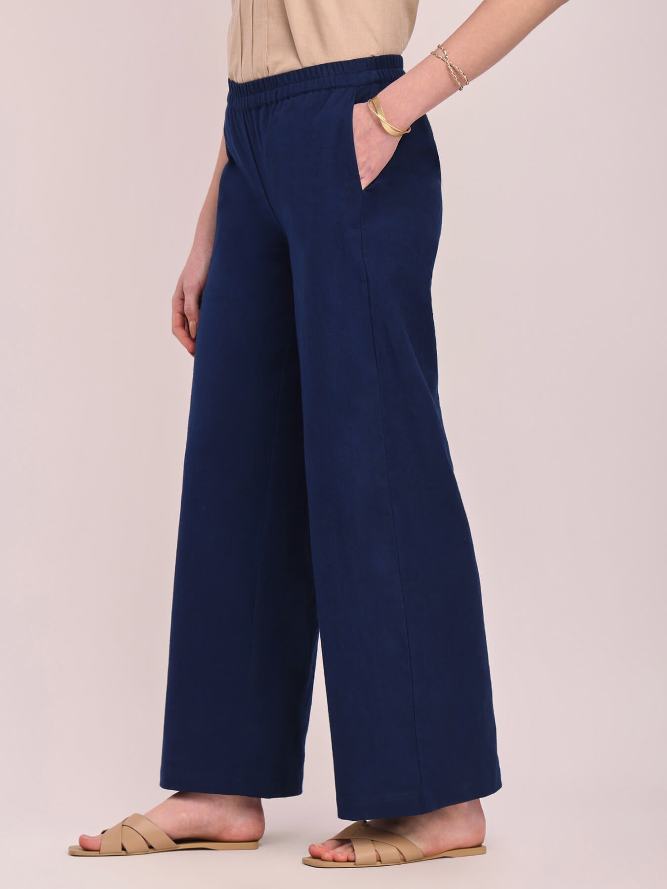 Cotton Solid Wide-Leg Trousers - Navy Blue