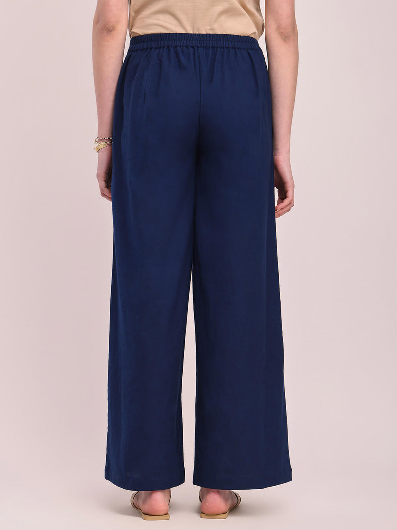 Cotton Solid Wide-Leg Trousers - Navy Blue