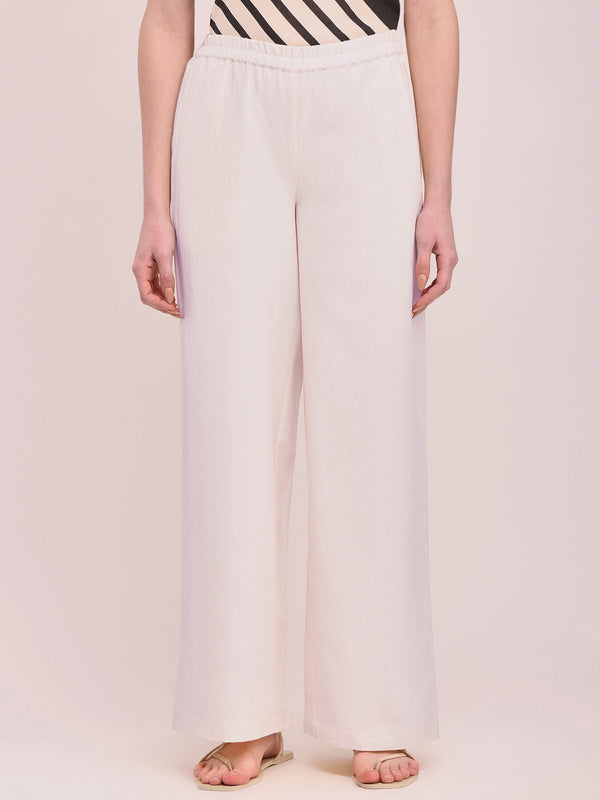 Cotton Linen Solid Wide-Leg Trousers - Off White