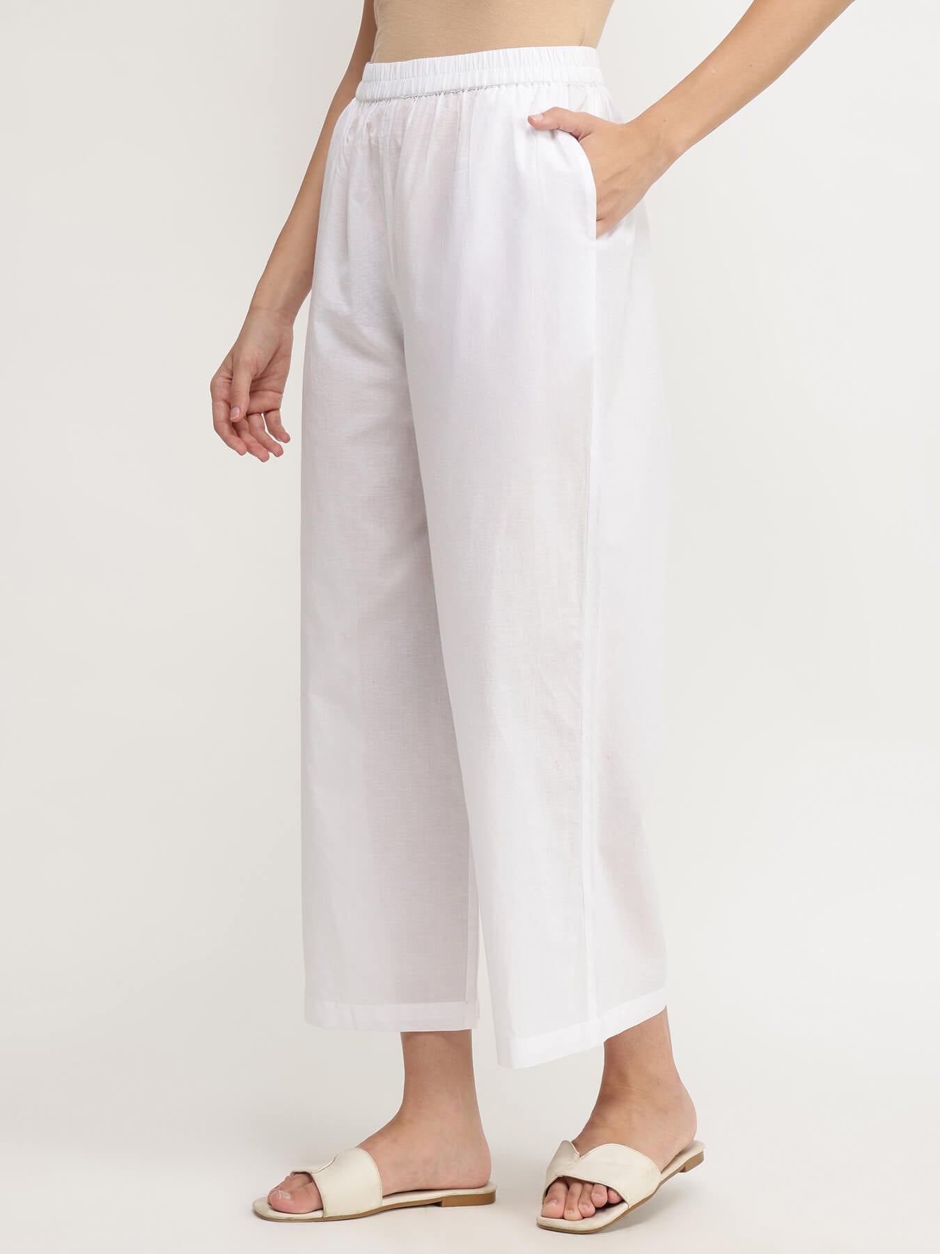 Cotton Solid Relaxed Fit Culottes - White