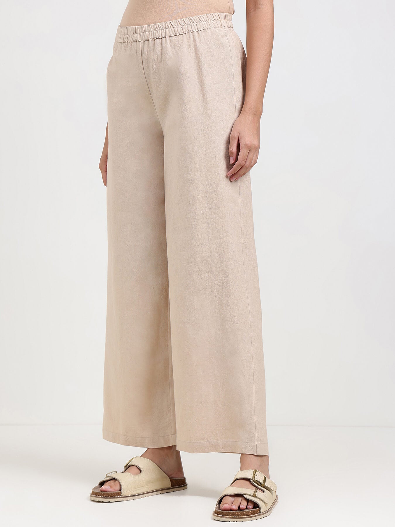 Linen Blend Solid Straight Trouser - Beige