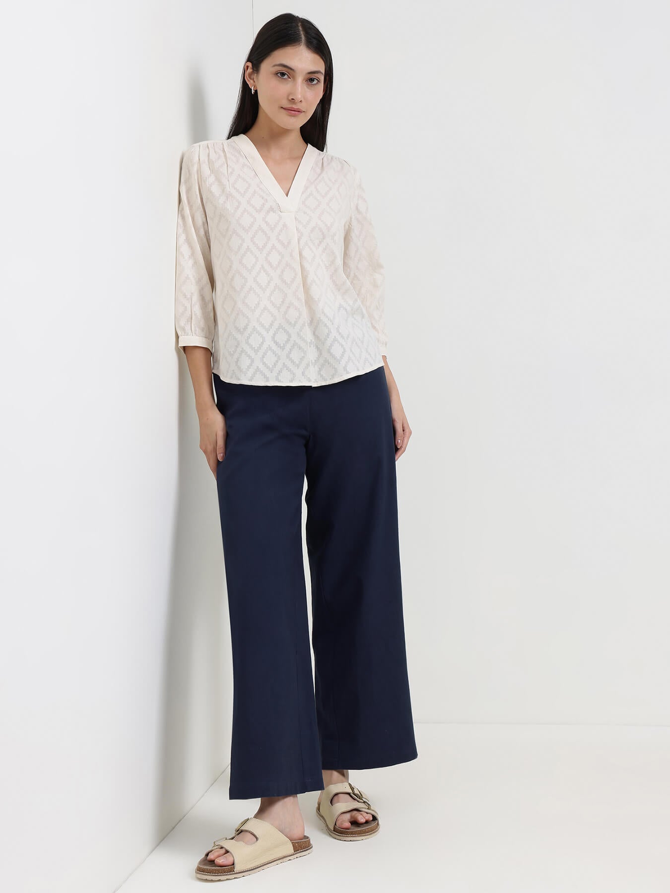 Linen Blend Solid Flared Culottes - Navy Blue