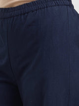 Linen Blend Solid Straight Trouser - Navy Blue