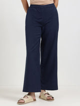Linen Blend Solid Straight Trouser - Navy Blue
