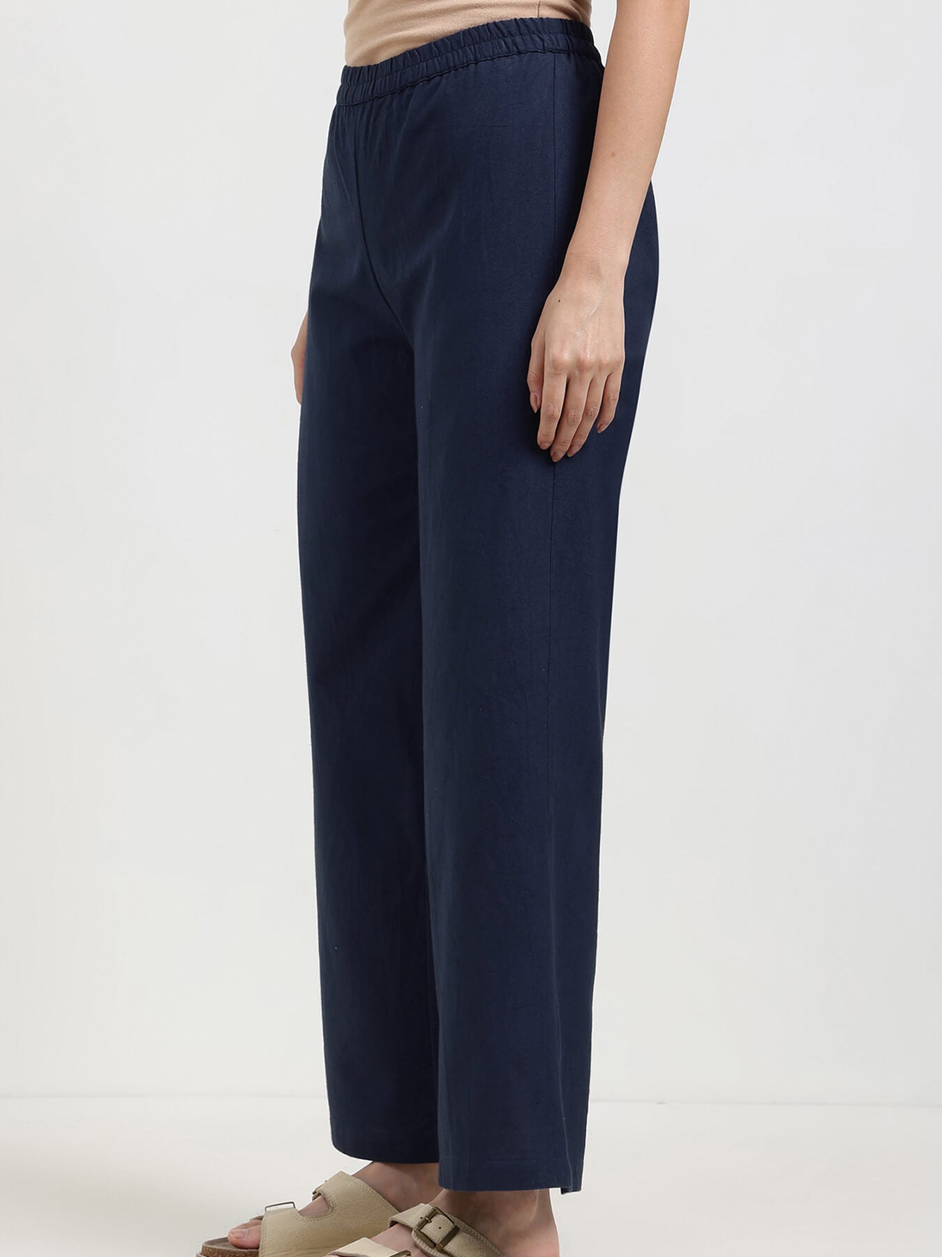 Linen Blend Solid Straight Trouser - Navy Blue