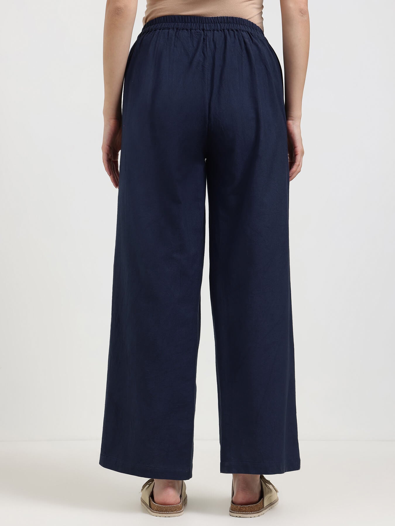 Linen Blend Solid Straight Trouser - Navy Blue