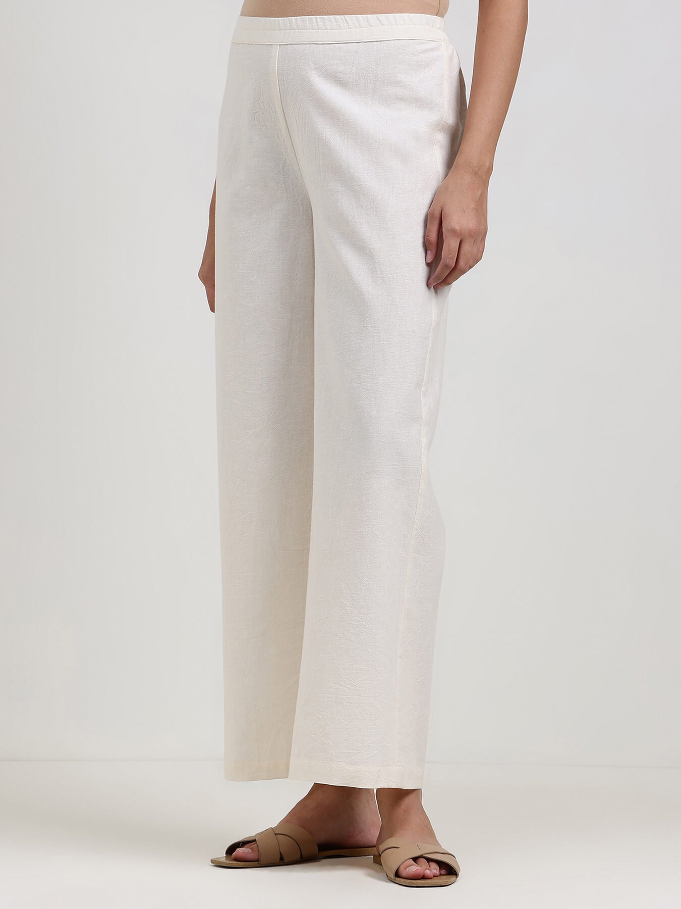Linen Blend Solid Straight Trouser - Off White