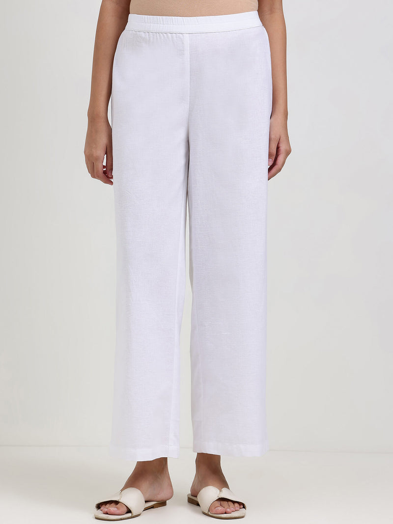 Linen Blend Solid Straight Trouser - White