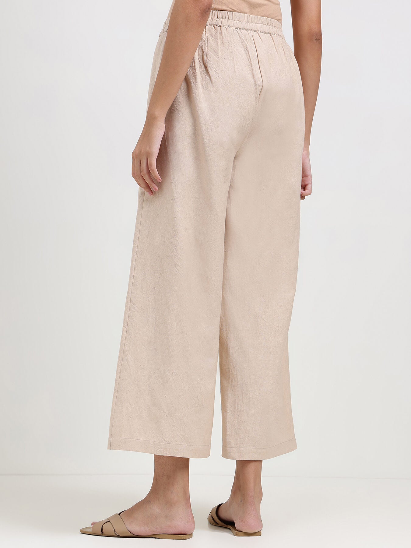 Linen Blend Solid Flared Culottes - Beige