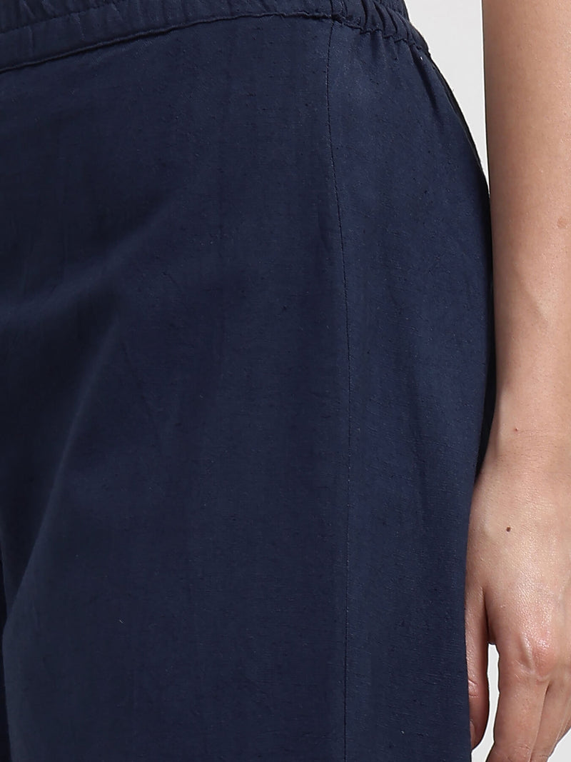 Linen Blend Solid Flared Culottes - Navy Blue