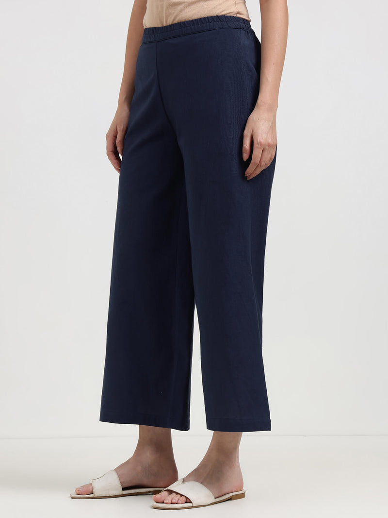 Linen Blend Solid Flared Culottes - Navy Blue