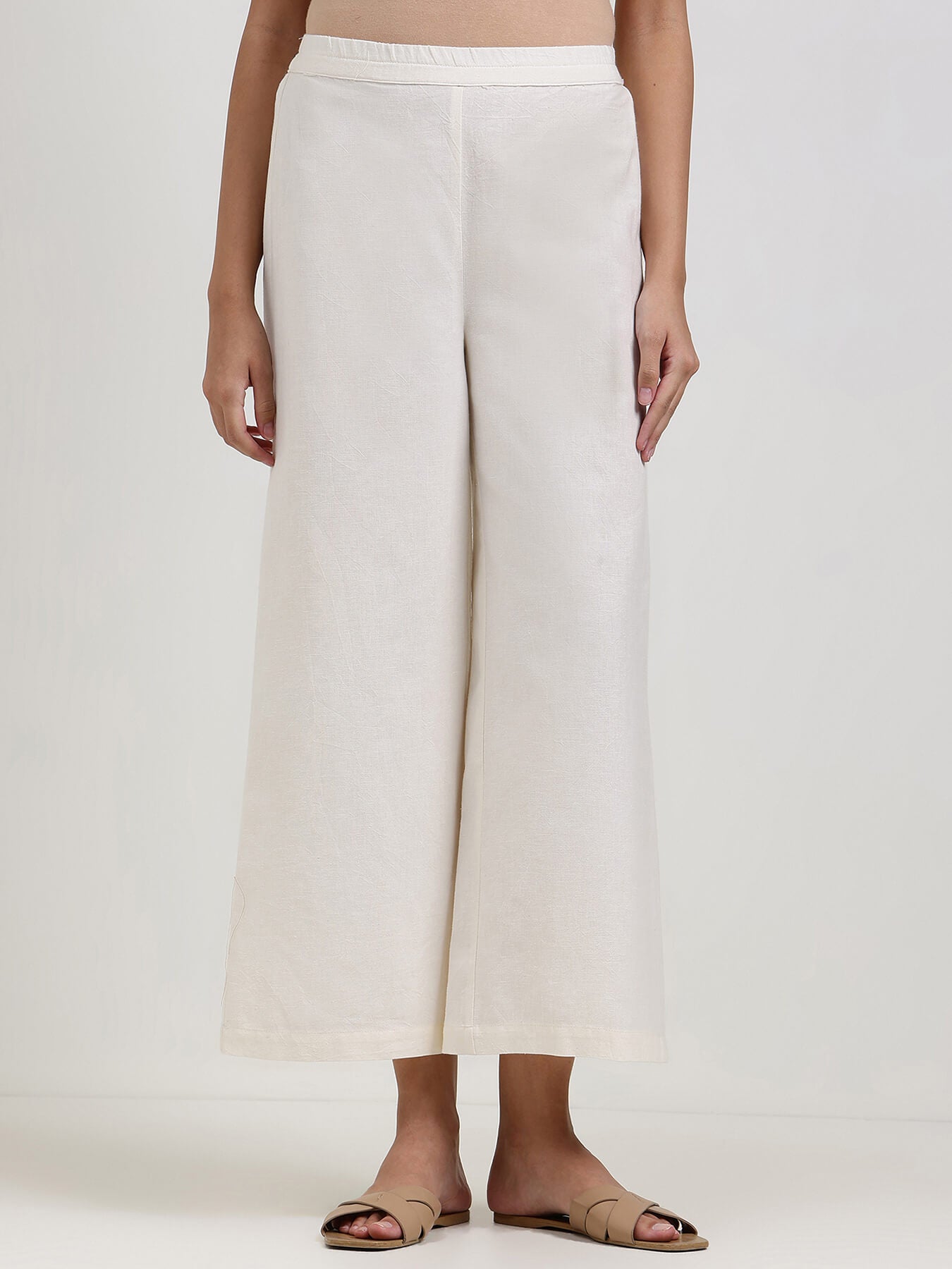 Linen Blend Solid Flared Culottes - Off White