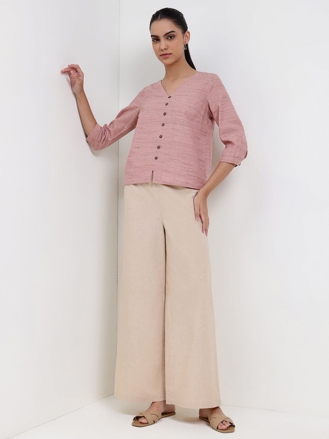 Linen Blend Solid Flared Trouser - Beige