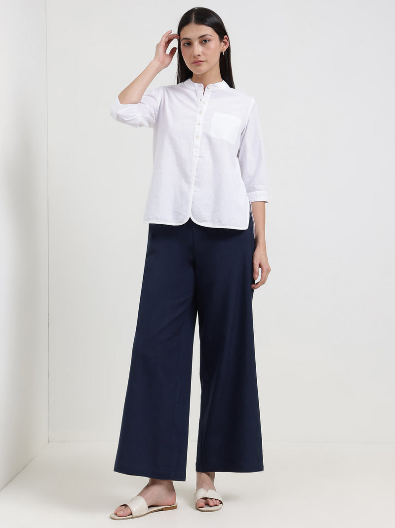 Linen Blend Solid Flared Trouser - Navy Blue