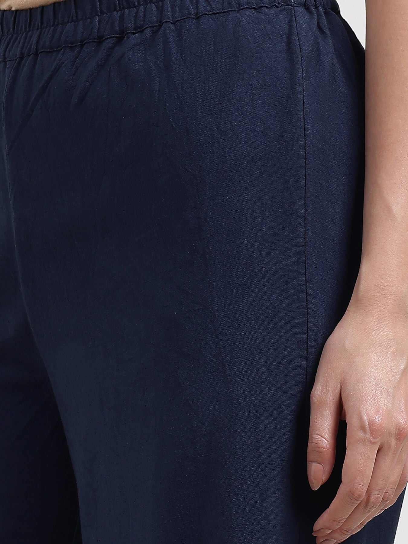 Linen Blend Solid Flared Trouser - Navy Blue