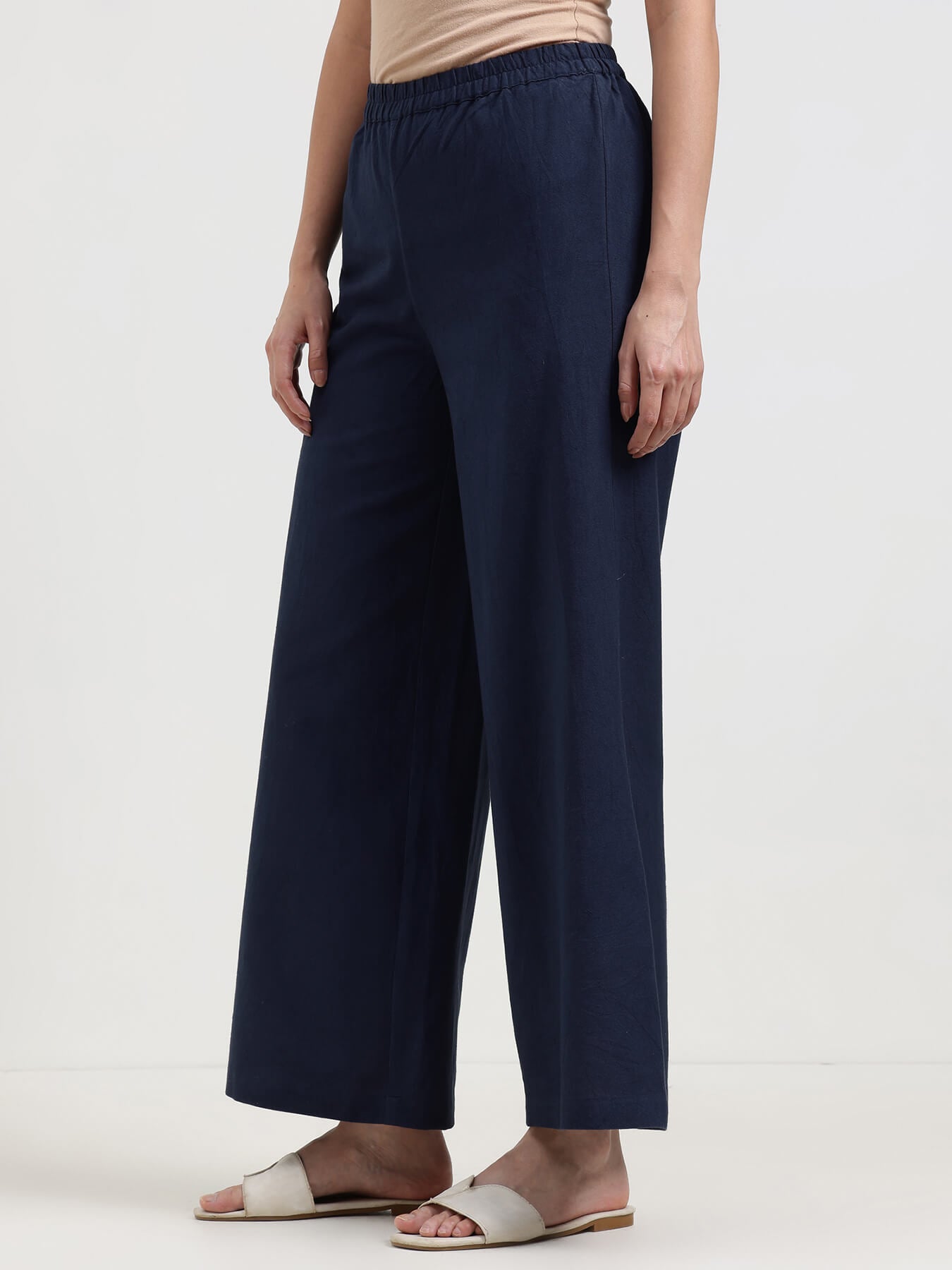Linen Blend Solid Flared Trouser - Navy Blue