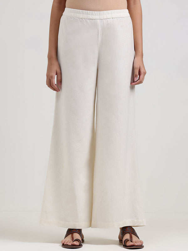 Linen Blend Solid Flared Trouser - Off White