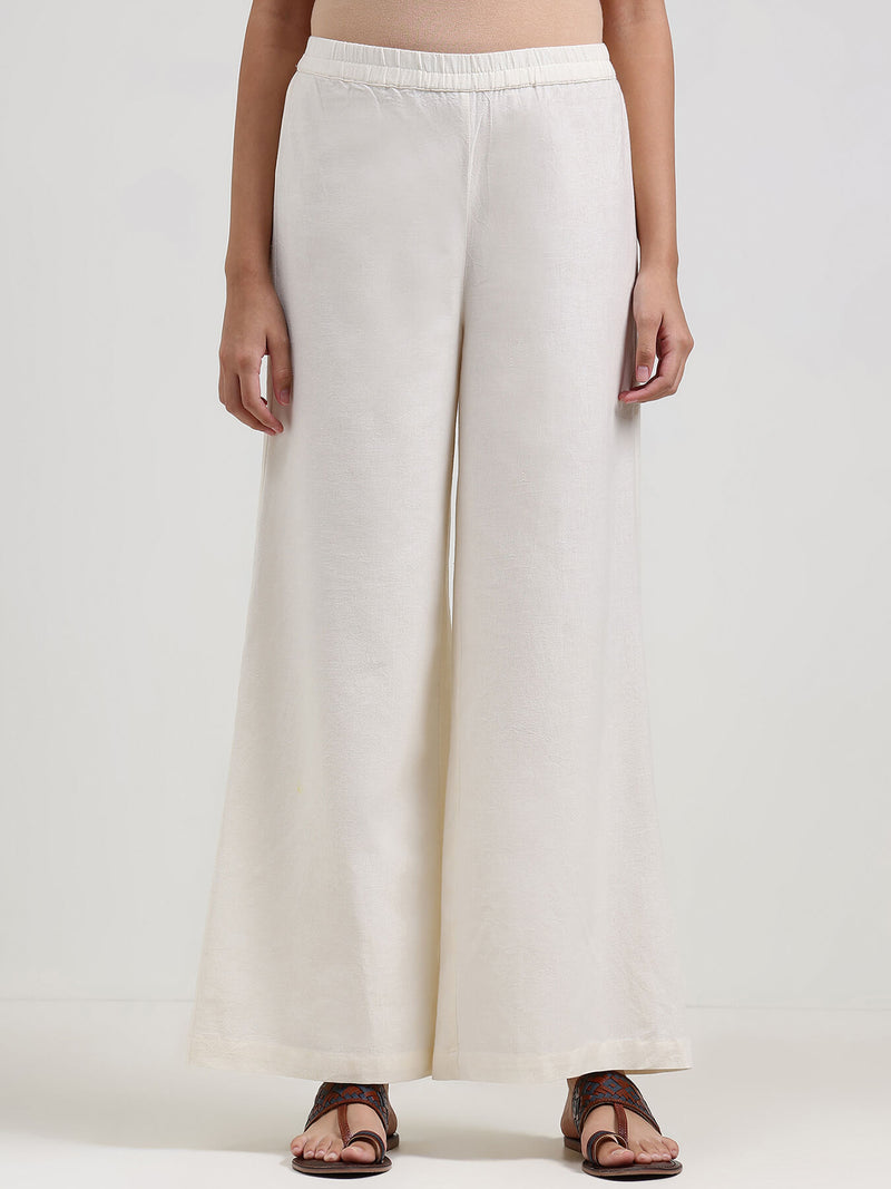 Linen Blend Solid Flared Trouser - Off White