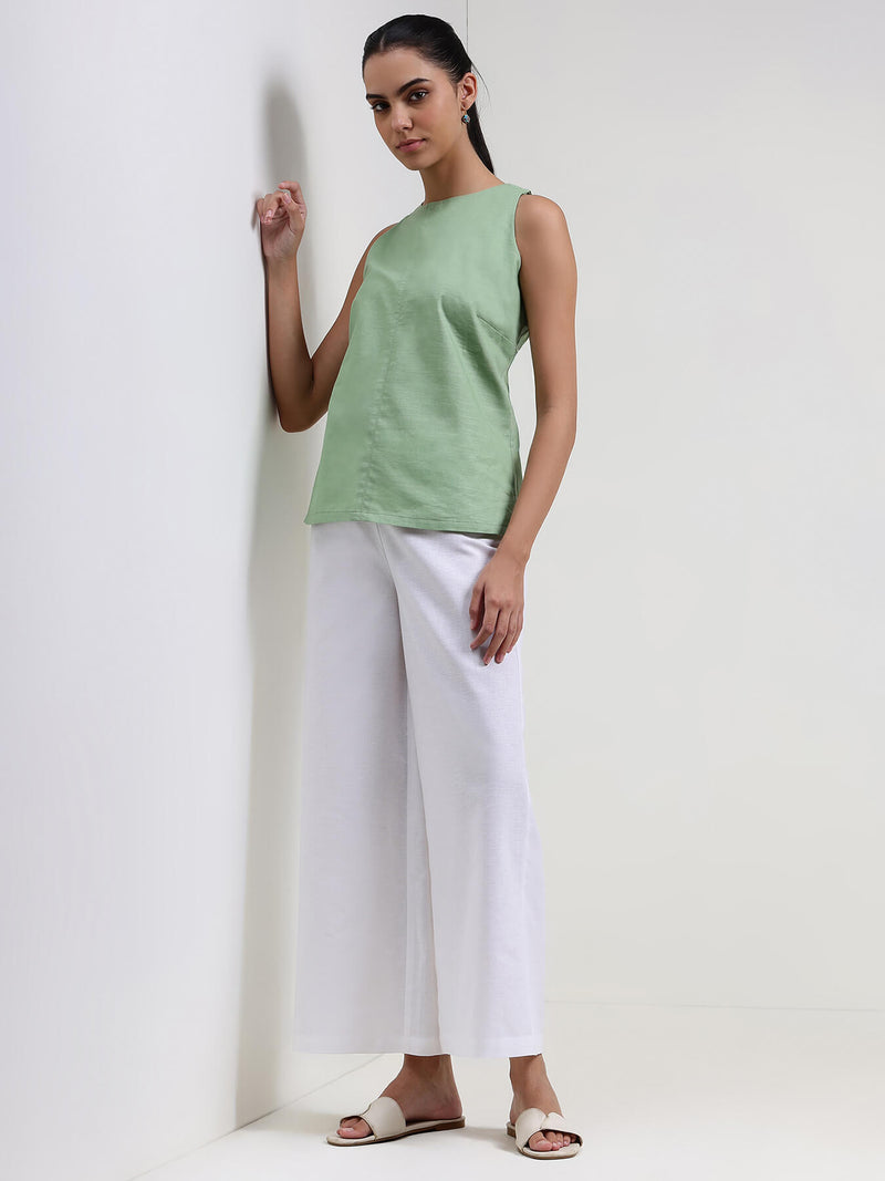Linen Blend Solid Flared Trouser - White