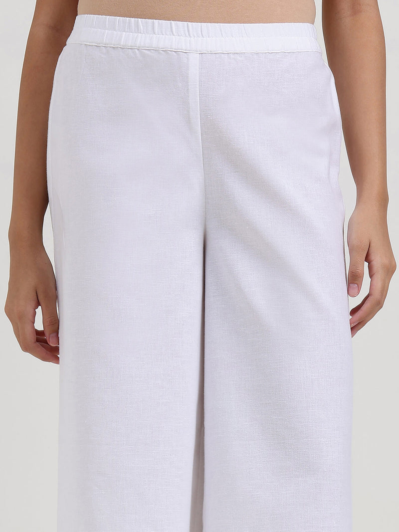 Linen Blend Solid Flared Trouser - White