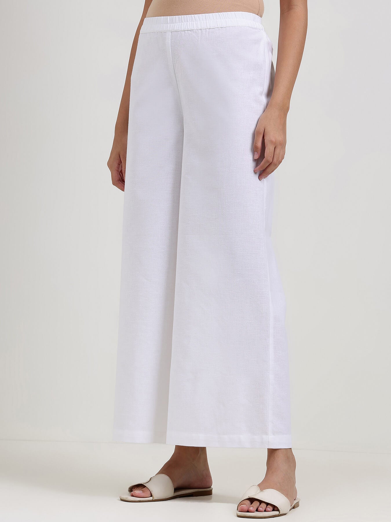 Linen Blend Solid Flared Trouser - White
