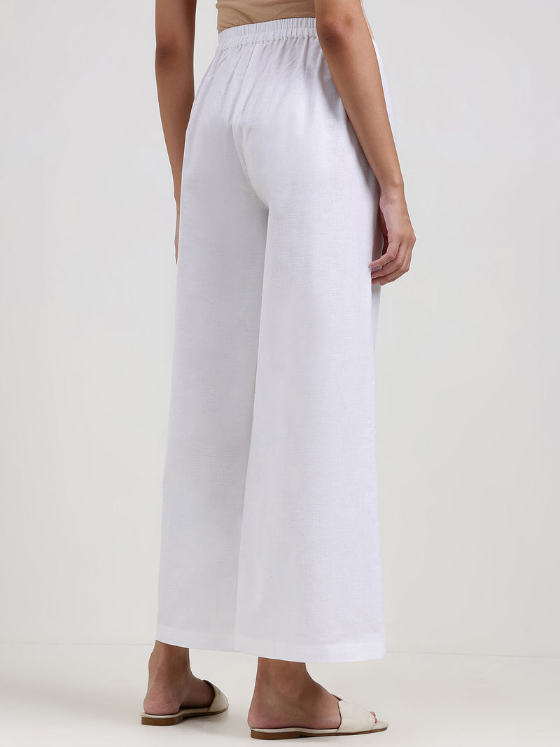 Linen Blend Solid Flared Trouser - White