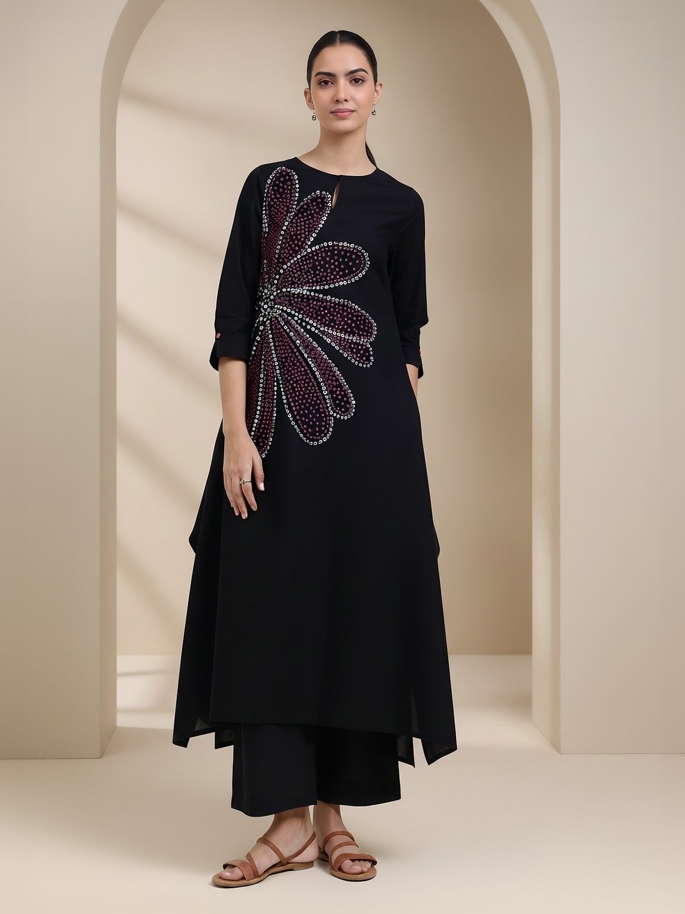 Cotton Bandhani Floral A-Line Kurta Set - Black