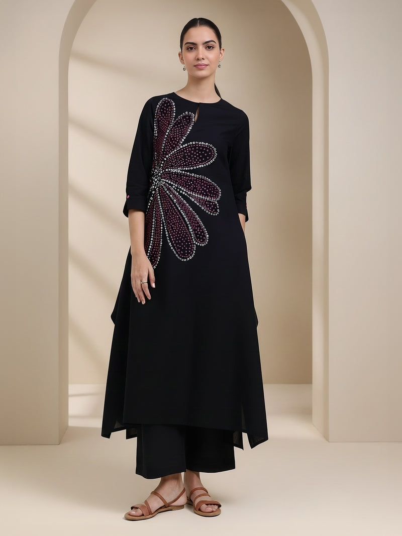 Cotton Bandhani Floral A-Line Kurta Set - Black