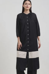 Cotton Colourblock Buttoned Kurta Set - Black & Off-White