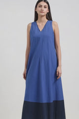 Cotton Colourblock A-Line Dress - Blue