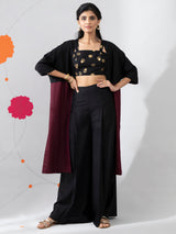 Signature Crop Top And Pants With Overlay - Black And Maroon