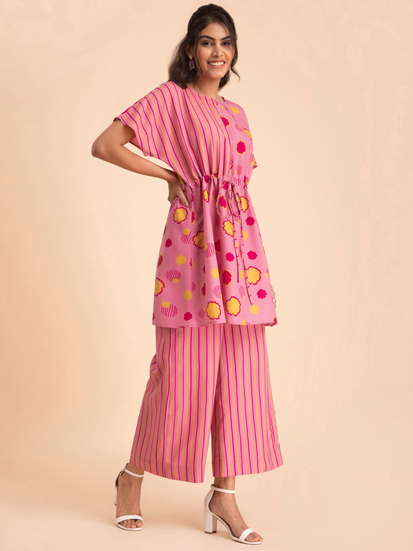 Buy Pink Floral and Stripe Kaftan Set Online | Pink Fort