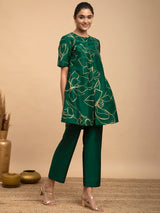 Buy Green Foil Print Silk Tunic and Trousers Set Online | Pink Fort