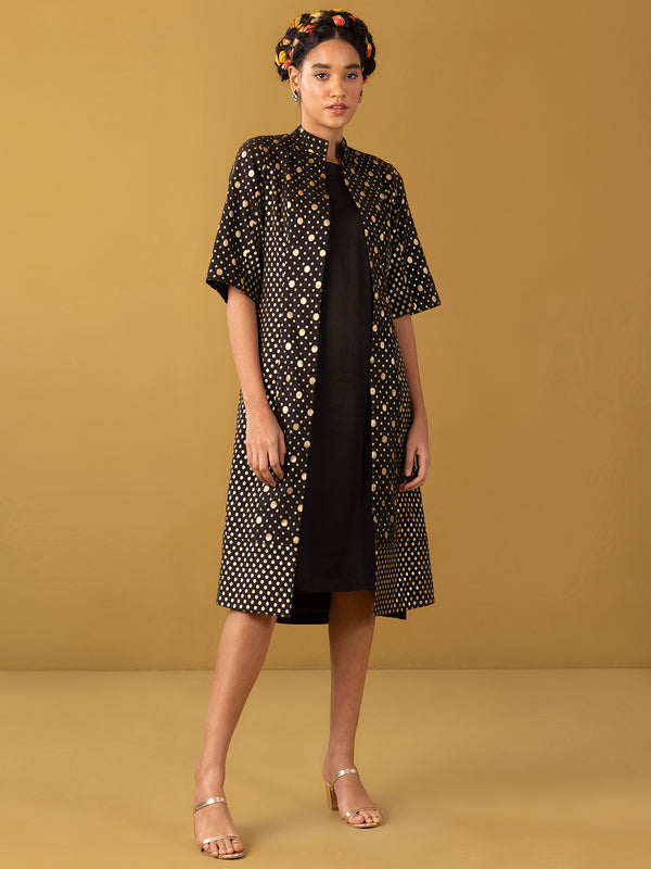 Buy Black Chanderi Brocade Dress and Jacket Set - Black Online | Pink Fort
