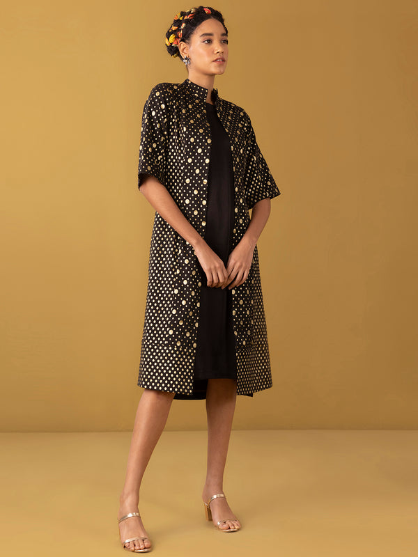 Buy Black Chanderi Brocade Dress and Jacket Set - Black Online | Pink Fort